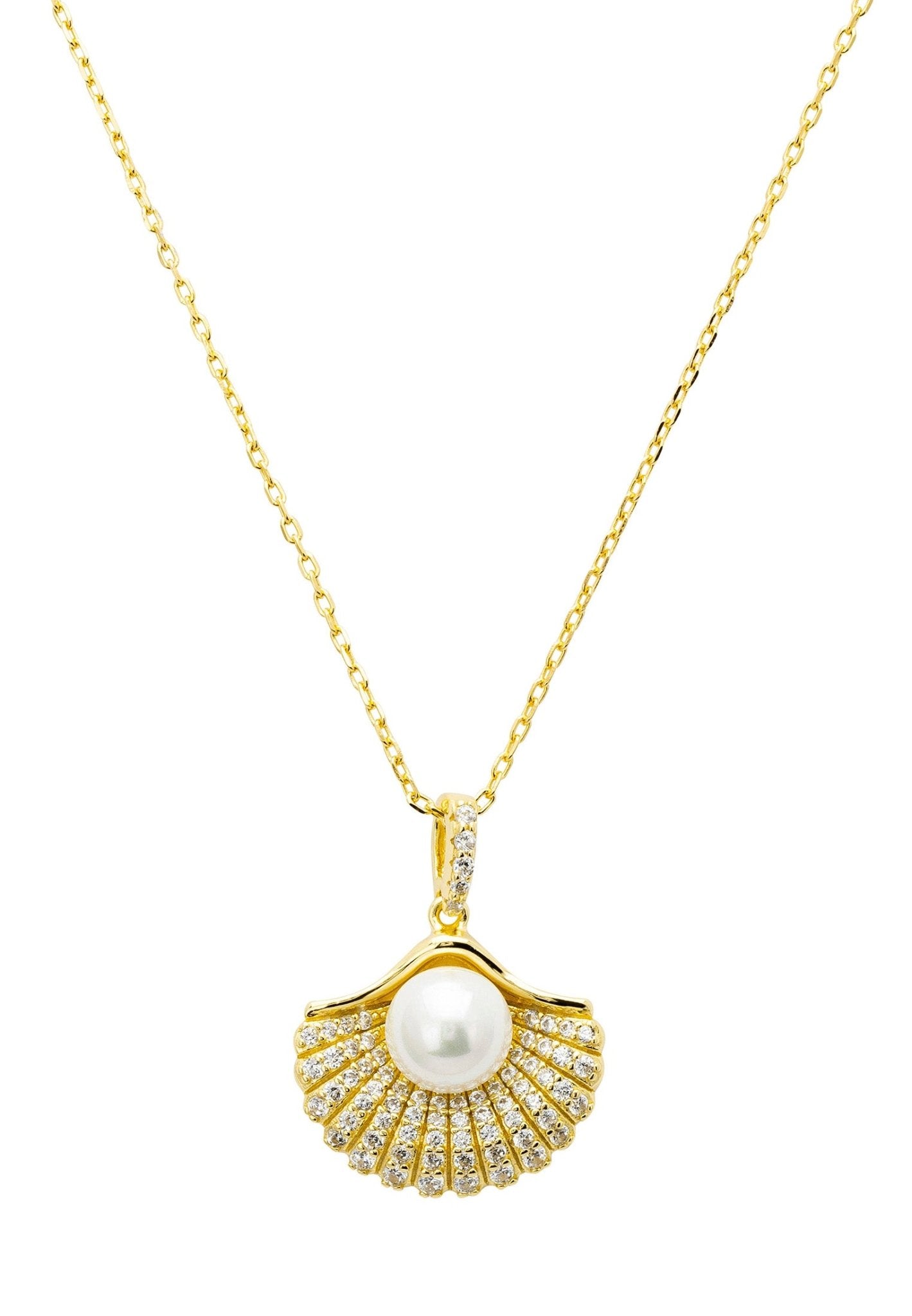 Deco Fan and Pearl Pendant Necklace Gold