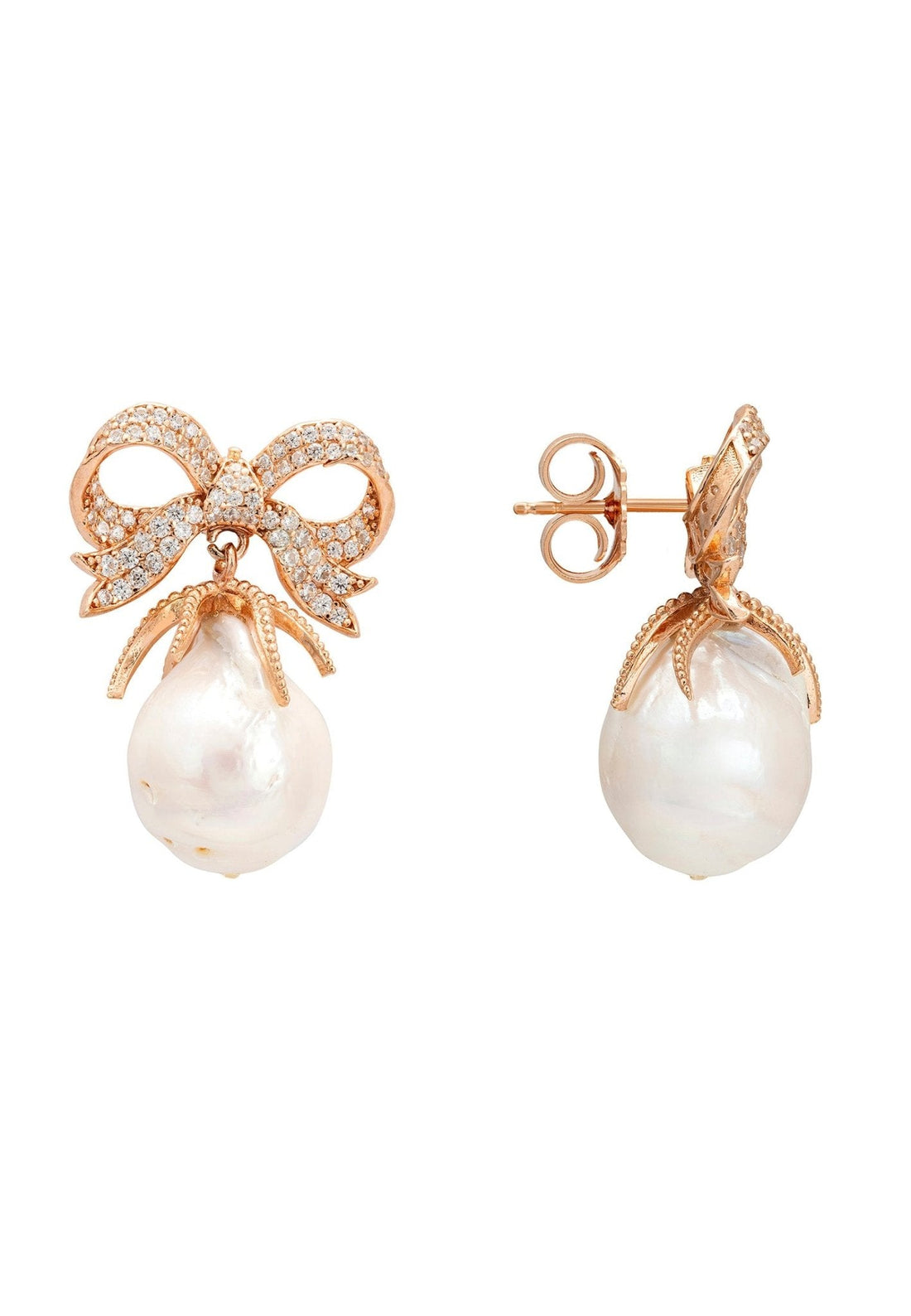 Baroque Pearl Ribbon and Bows Drop Earrings Rosegold