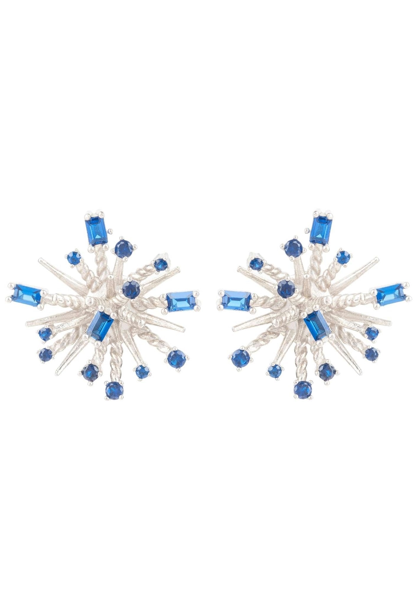 Cosmic Bang Baguette Cz Stud Earrings Sapphire Blue Cz Silver