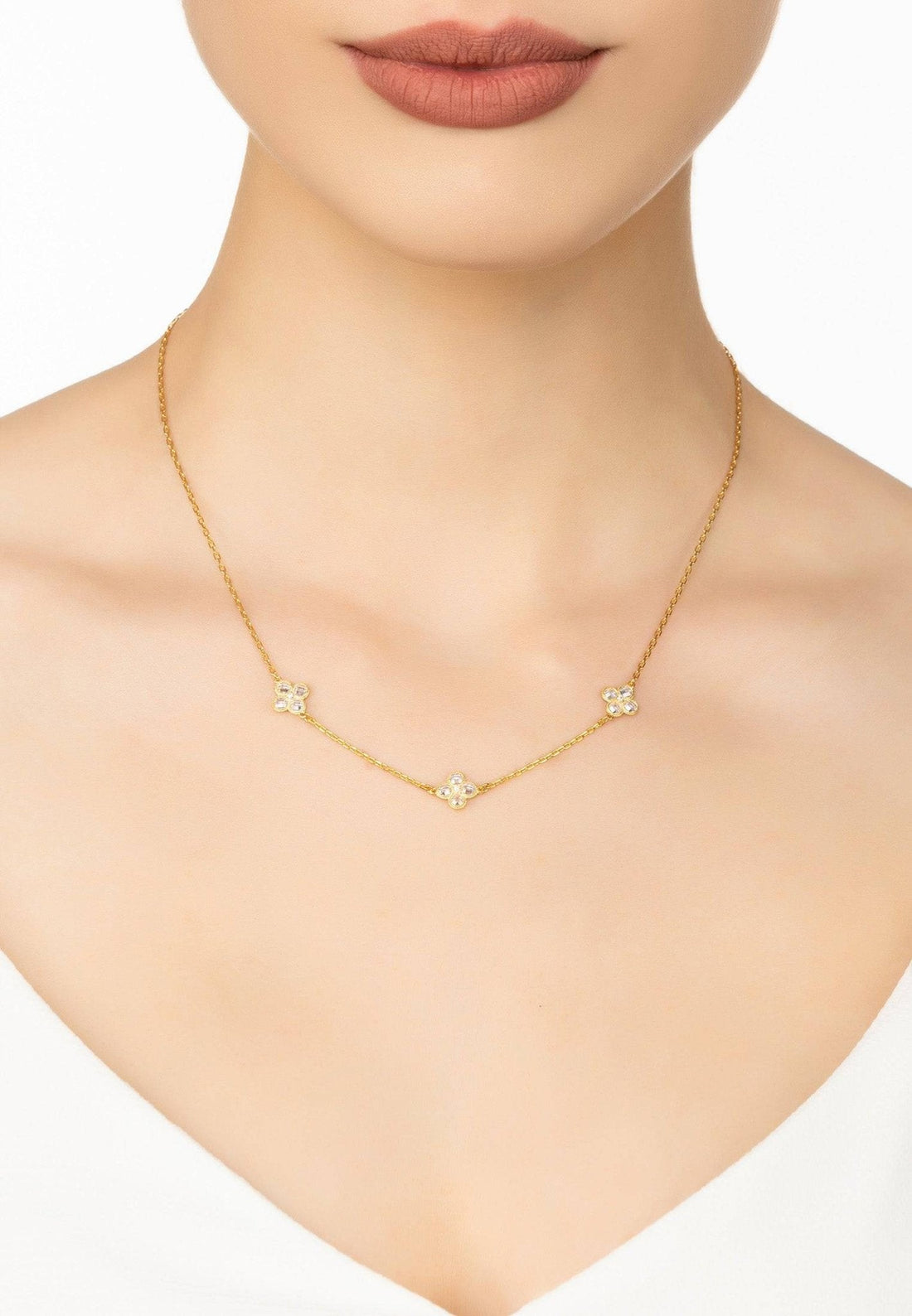 Flower Clover Triple Choker Necklace Gold