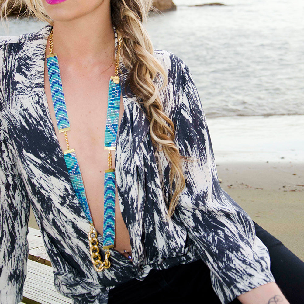 Sea Candy Long Woven Beaded Necklace - Blue