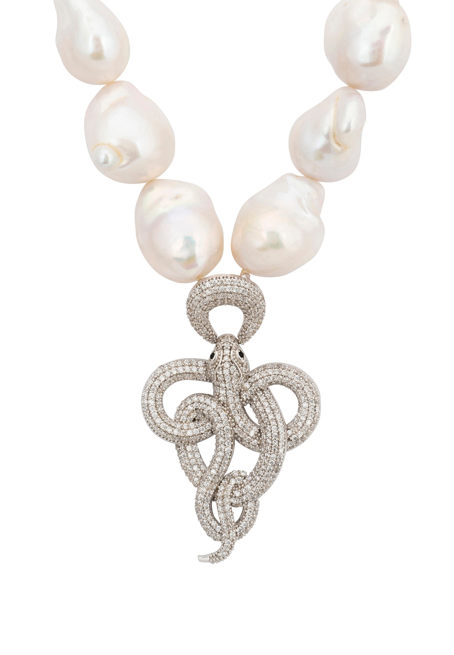 Viper Snake Baroque Pearl Statement Necklace Silver White CZ