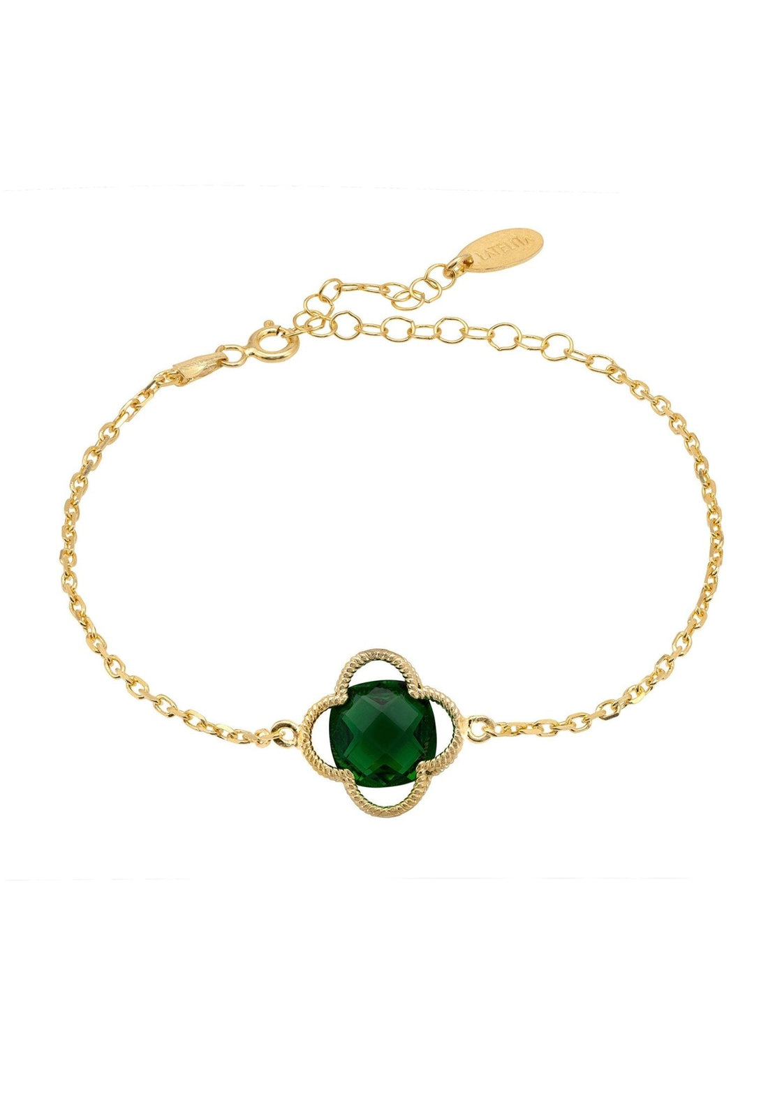 Open Clover Flower Gemstone Bracelet Gold Emerald