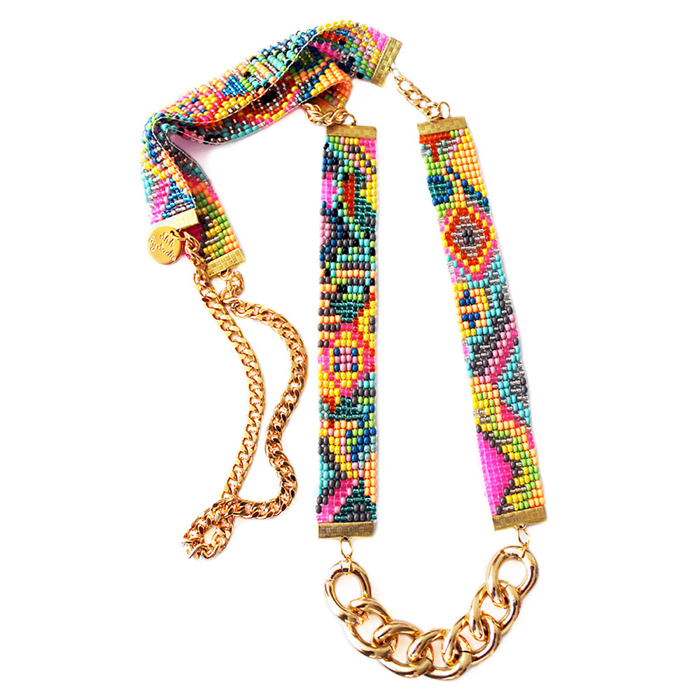 Sea Candy Long Woven Beaded Necklace - Neon Pink