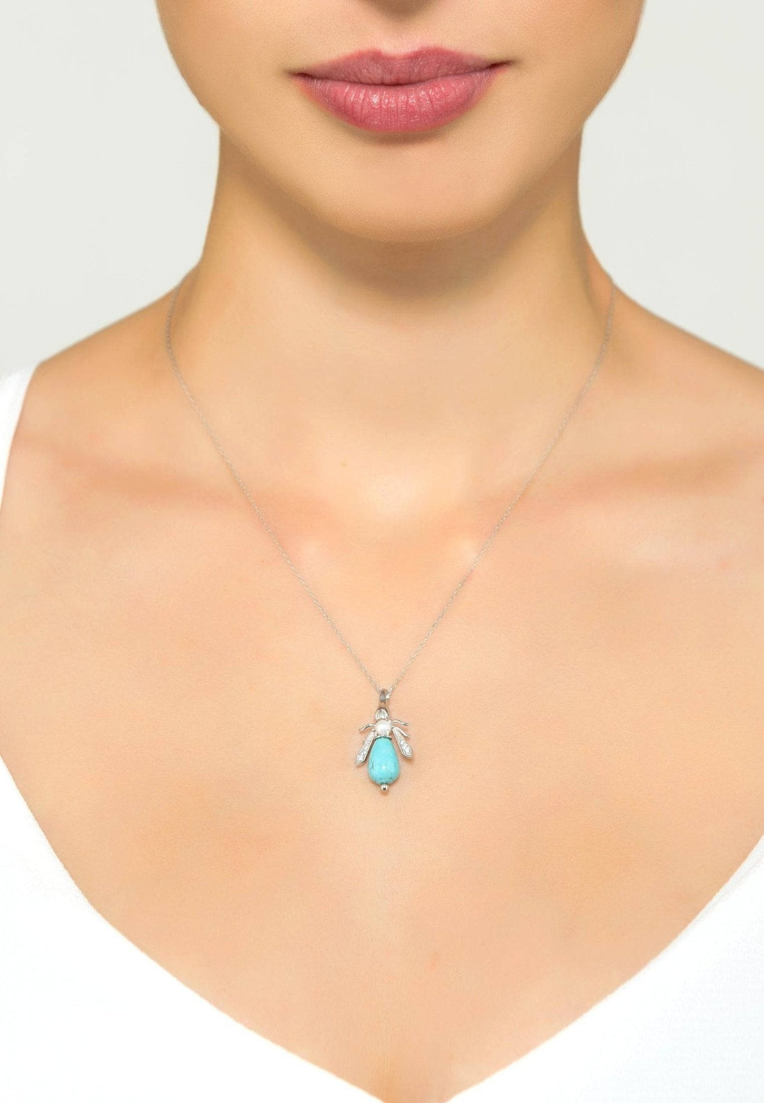 Turquoise & Pearl Honey Bee Necklace Silver