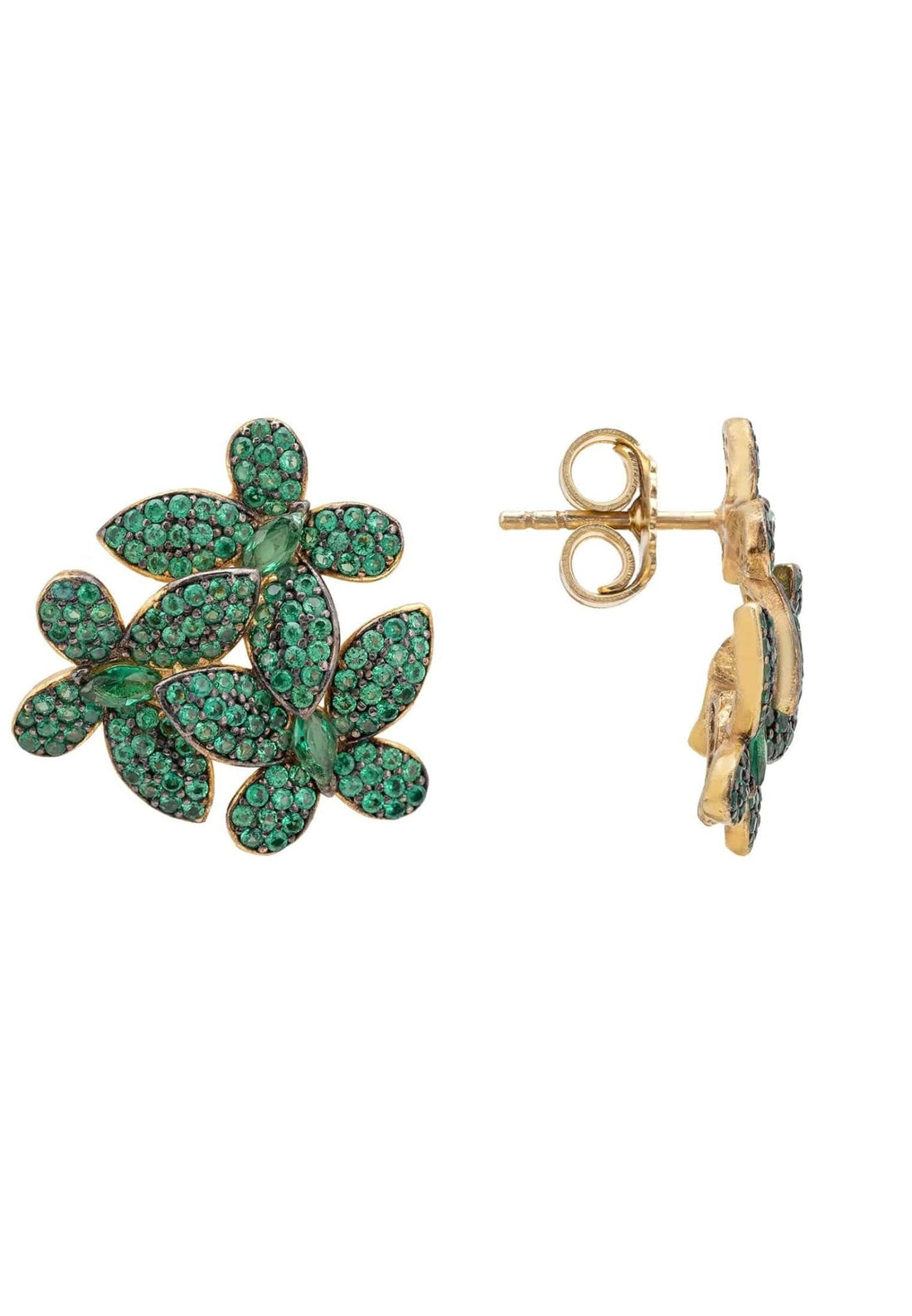 Flowers Large Stud Earrings Gold Emerald Green