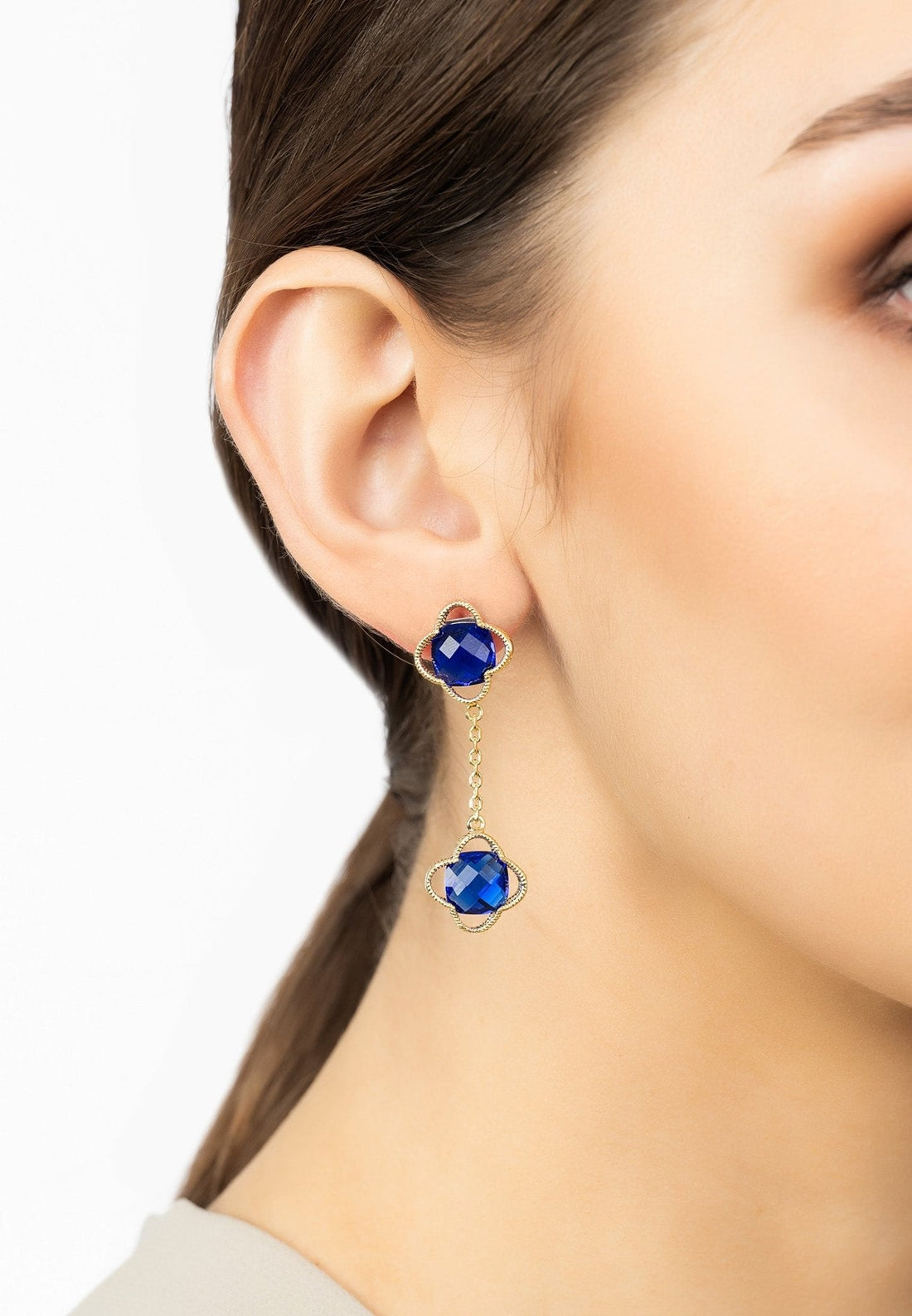 Open Clover Double Drop Earrings Gold Sapphire