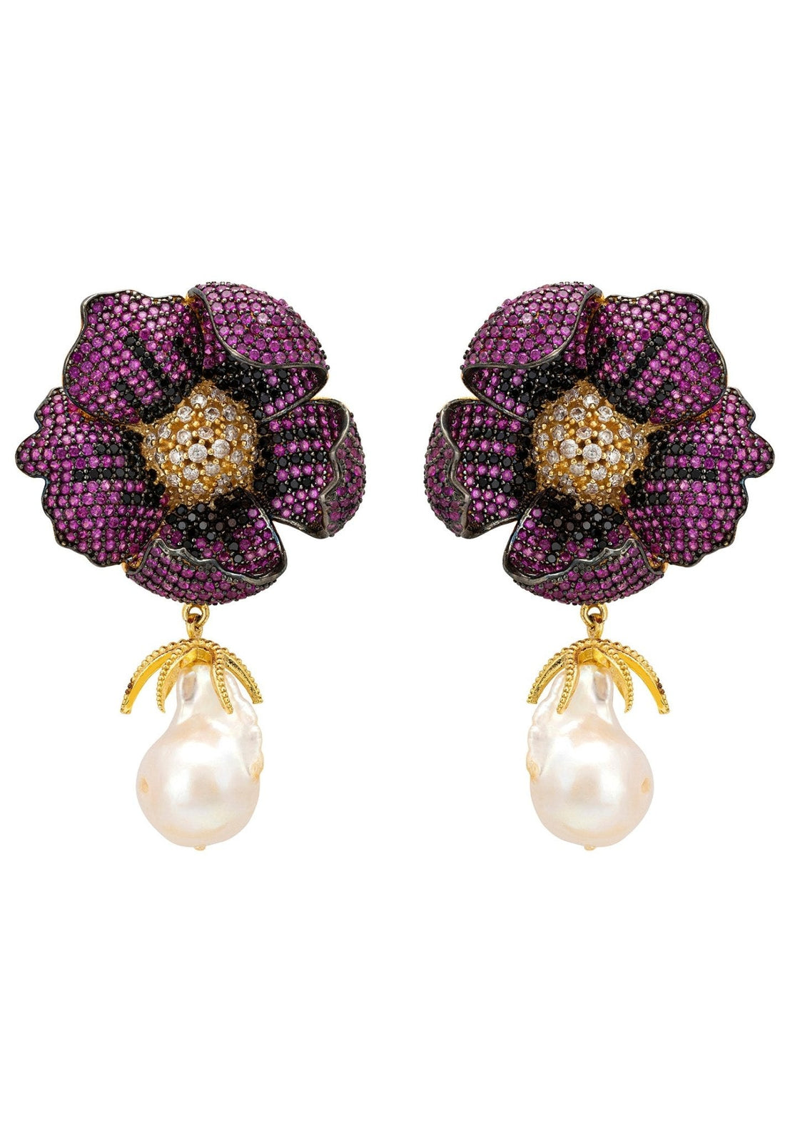 Poppy Flower Baroque Pearl Earrings Ruby Red Gold