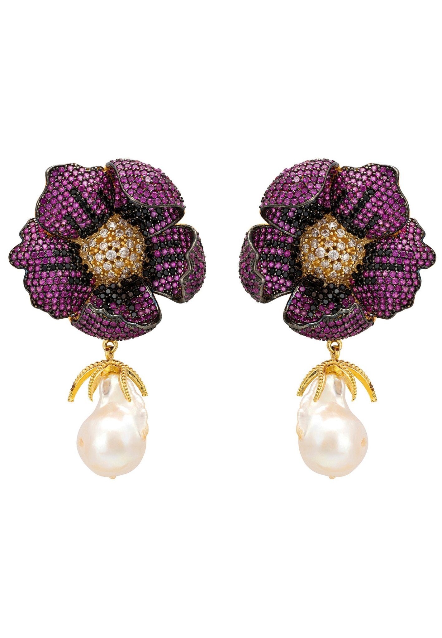 Poppy Flower Baroque Pearl Earrings Ruby Red Gold