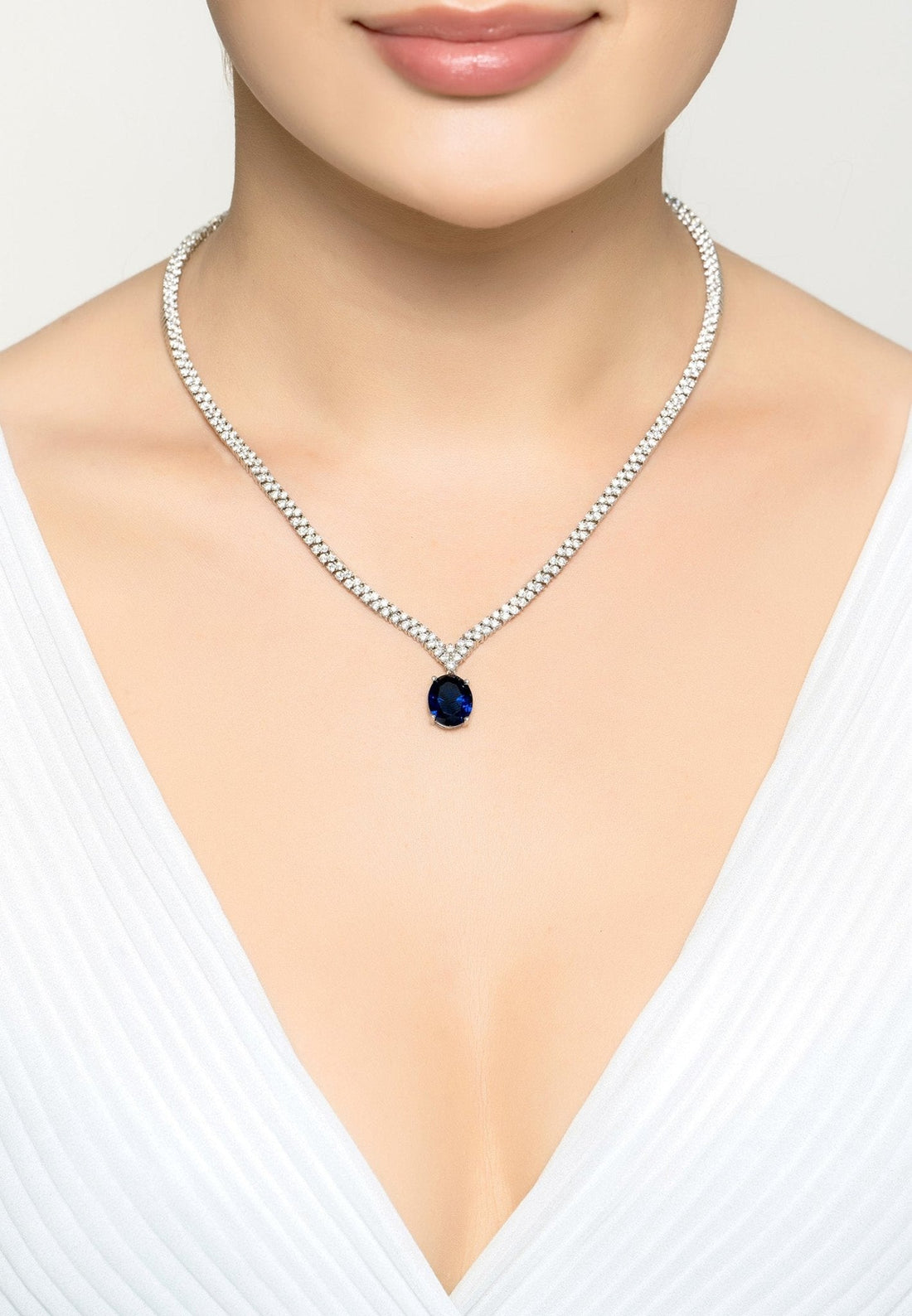 Garbo Oval Gemstone Tennis Necklace Sapphire Silver