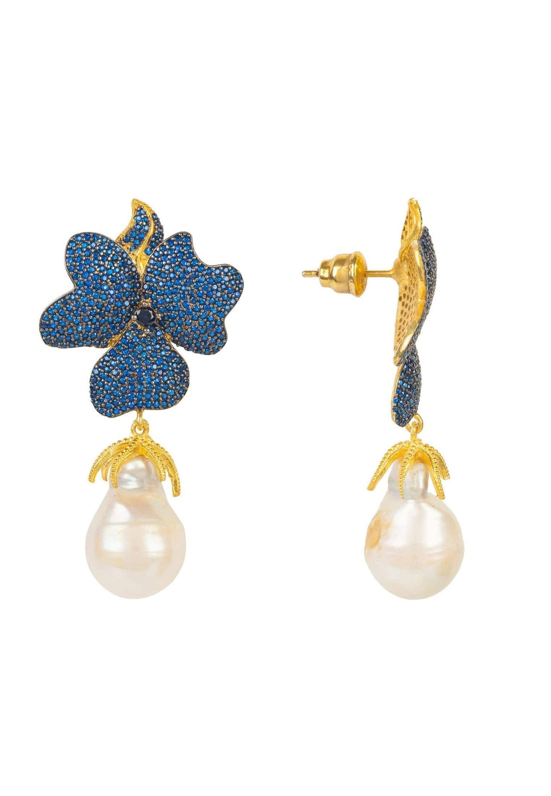 Baroque Pearl Sapphire Blue Flower Earrings Gold