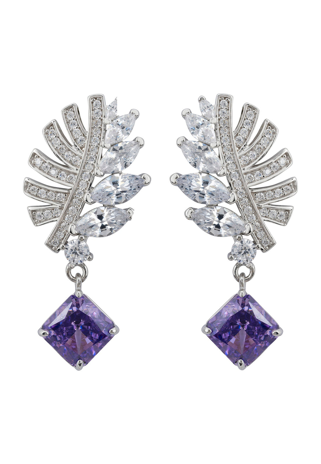 Palm Leaf Amethyst Drop Earrings Silver