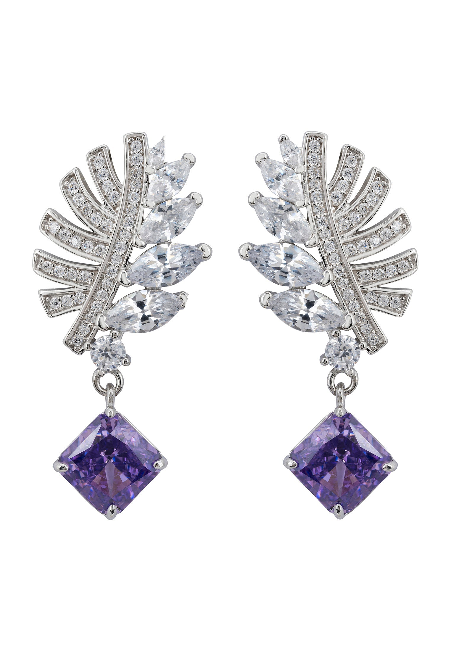 Palm Leaf Amethyst Drop Earrings Silver