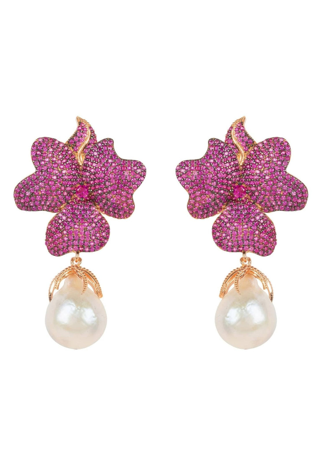 Baroque Pearl Ruby Red Flower Earrings Rose Gold