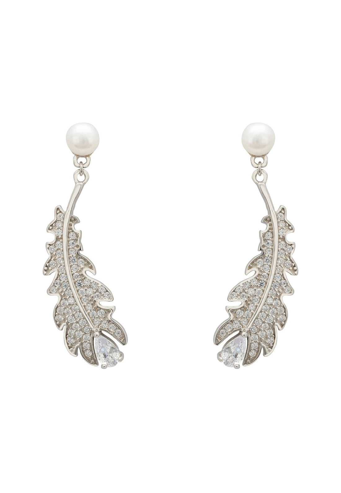 Oak Leaf Pearl Drop Earrings Silver