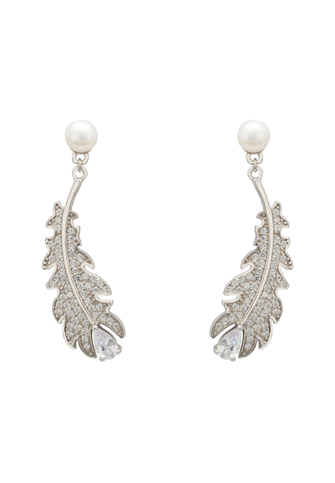 Oak Leaf Pearl Drop Earrings Silver