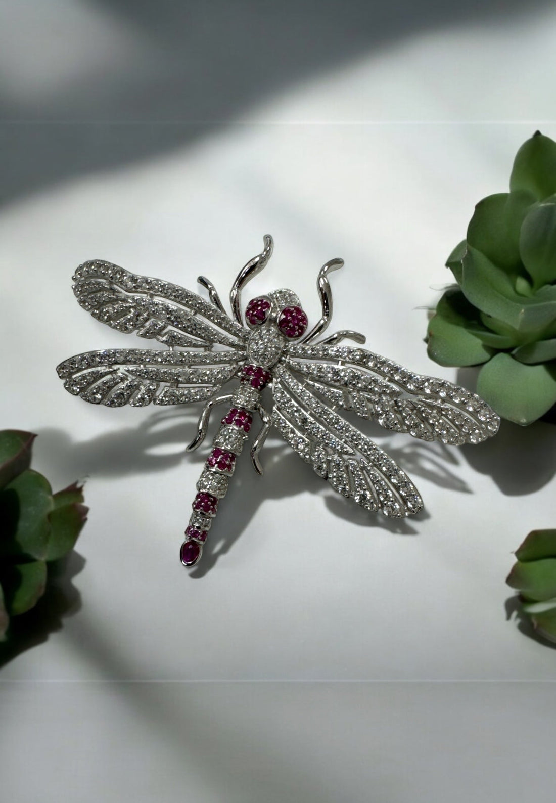 Dragonfly Brooch Silver Ruby Cz