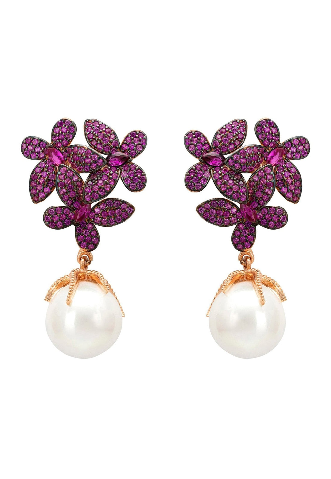 Flowers Baroque Pearl Earrings Ruby Pink Rosegold