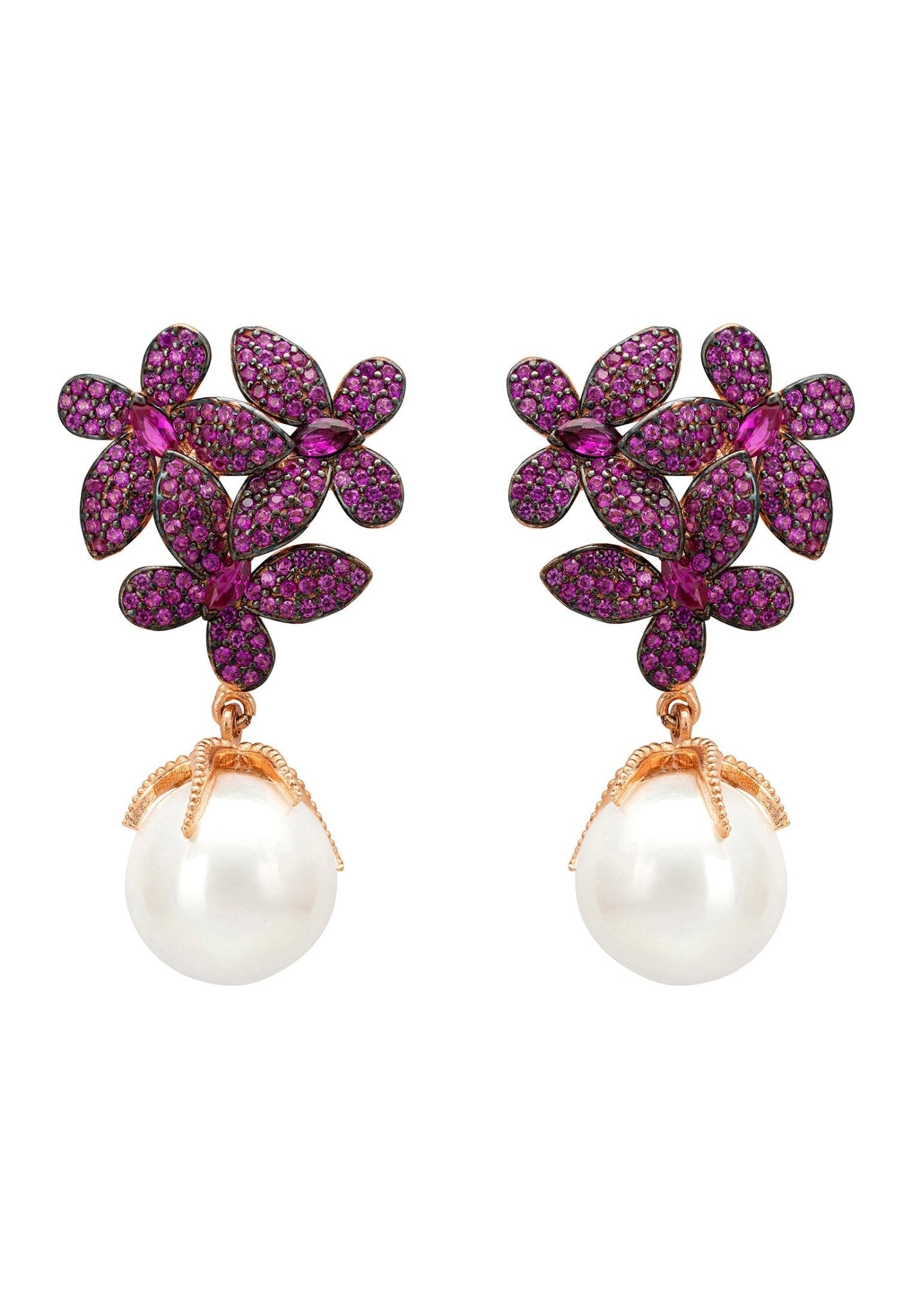 Flowers Baroque Pearl Earrings Ruby Pink Rosegold