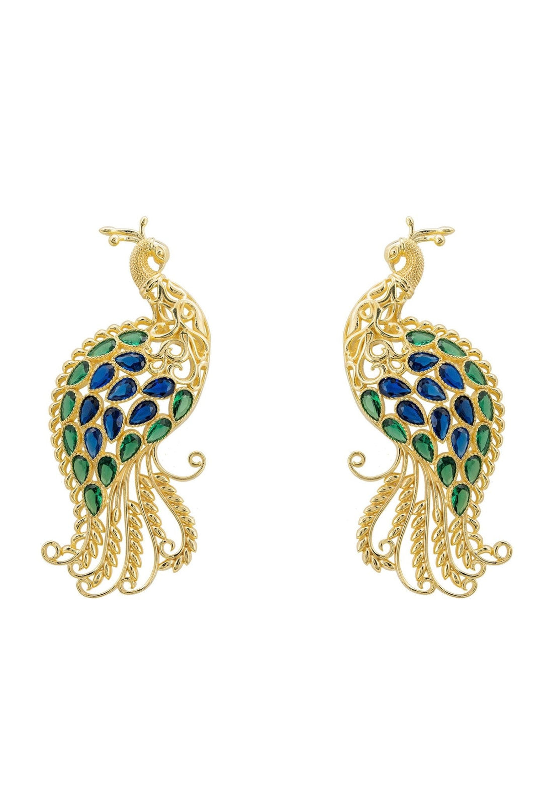 Peacock Train Earrings Gold Blue Green