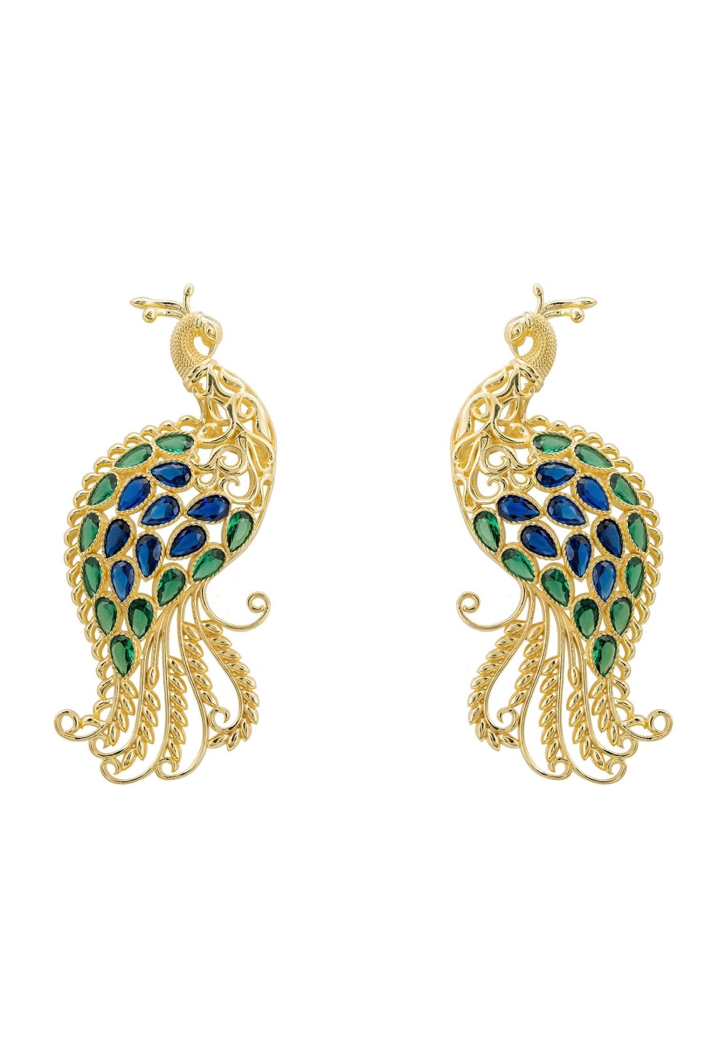 Peacock Train Earrings Gold Blue Green