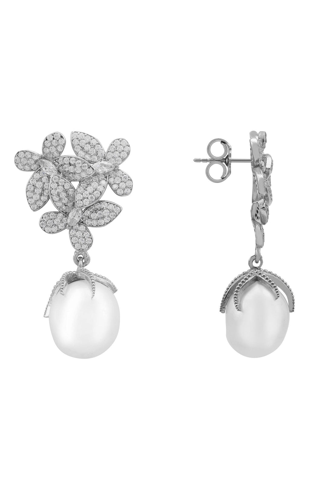 Flowers Baroque Pearl Earrings Silver White