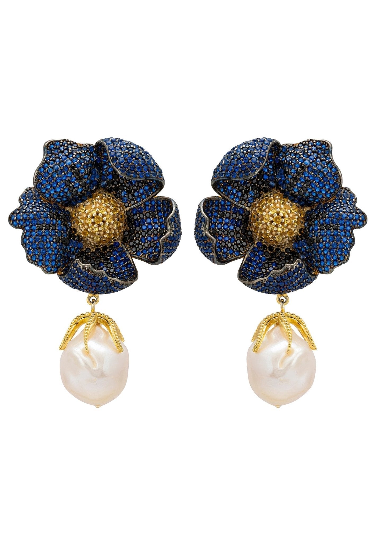 Poppy Flower Baroque Pearl Earrings Sapphire Blue Gold