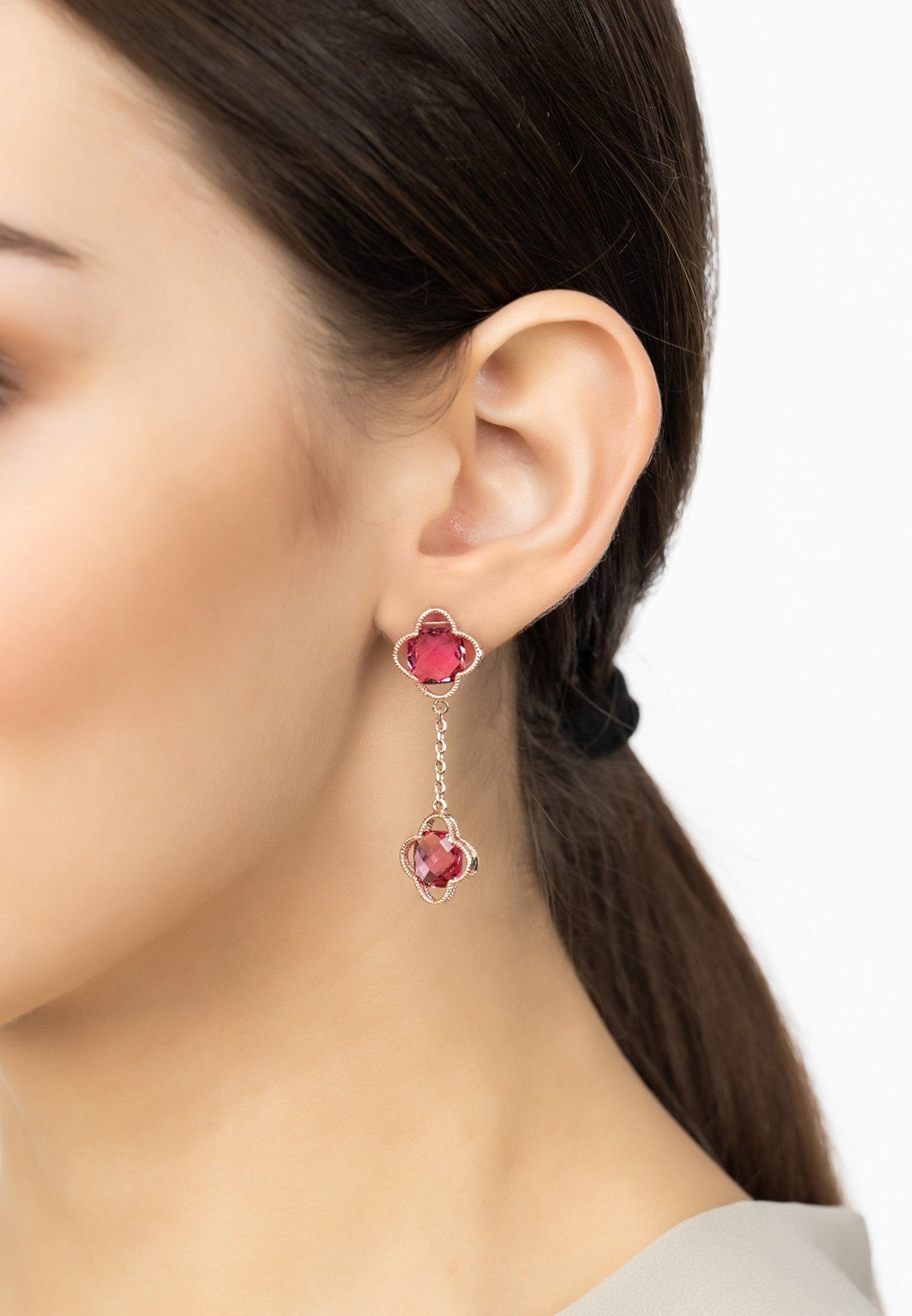 Open Clover Double Drop Earrings Rosegold Pink Tourmaline