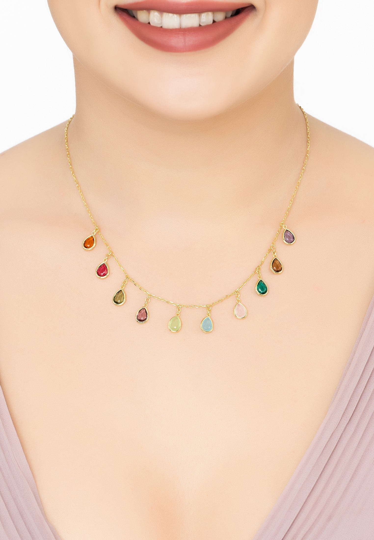 Florence Teardrop Gemstone Necklace Gold Multi Coloured