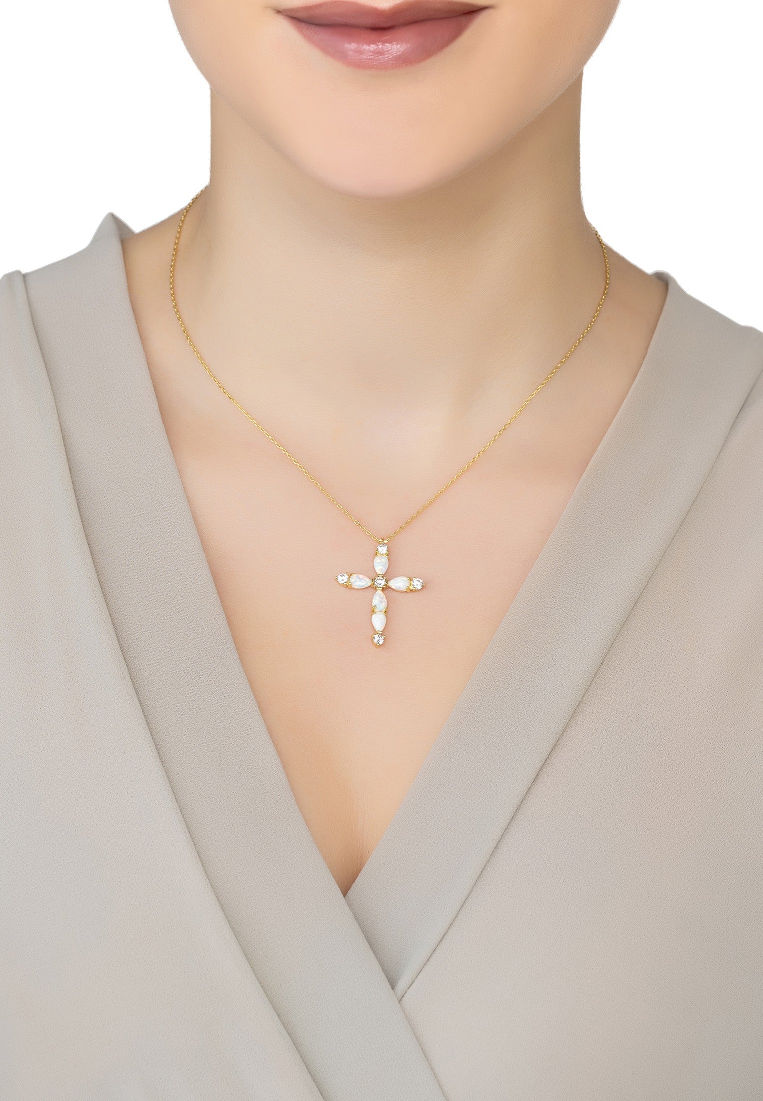 Opal and Sparkle Cross Pendant Necklace Gold