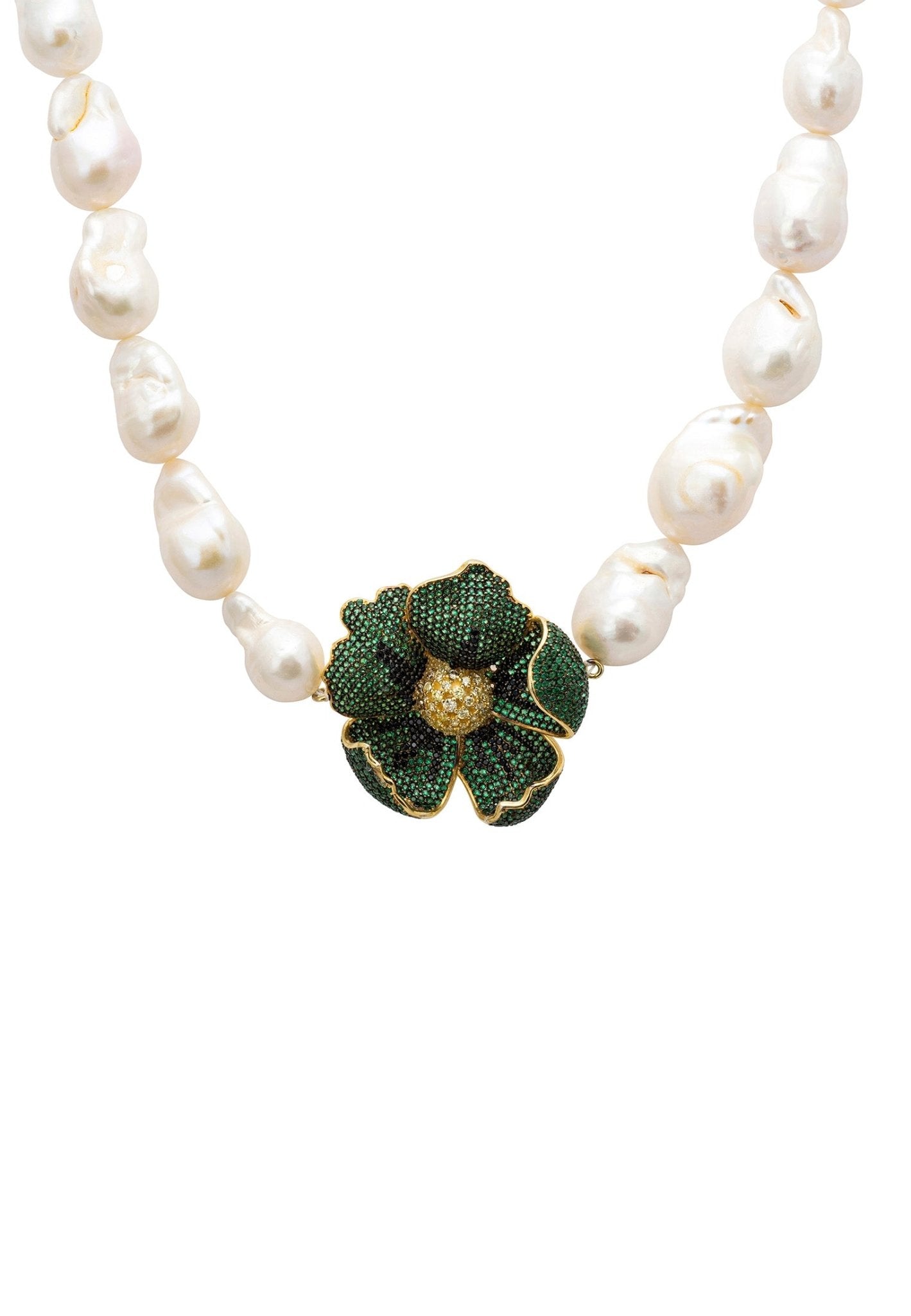 Poppy Flower Baroque Pearl Necklace Emerald Green Gold