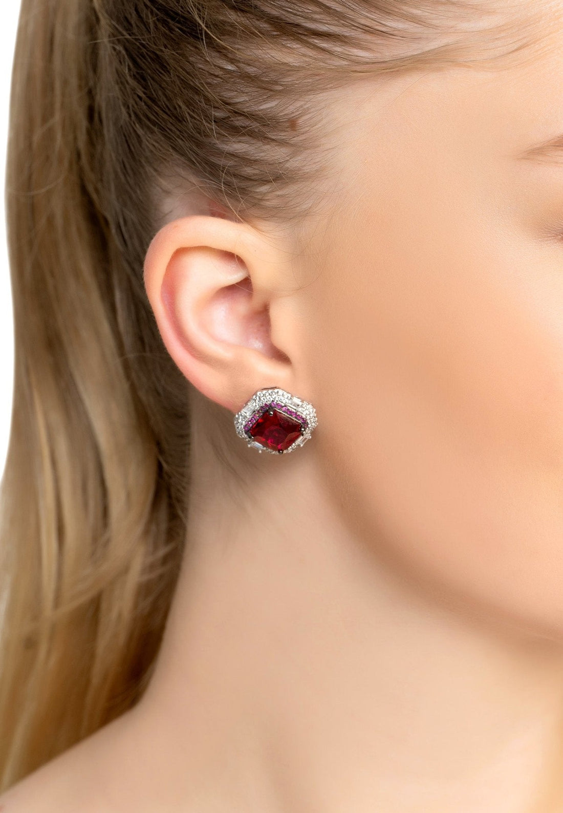 Madeleine Large Stud Earrings Silver Ruby