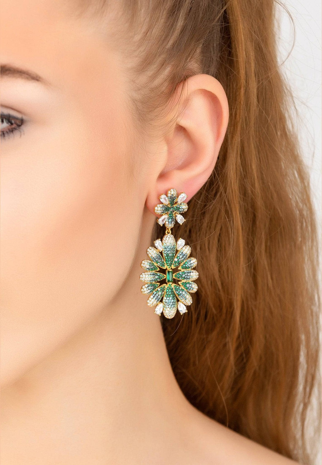 Babylon Flower Drop Earrings Gold Green