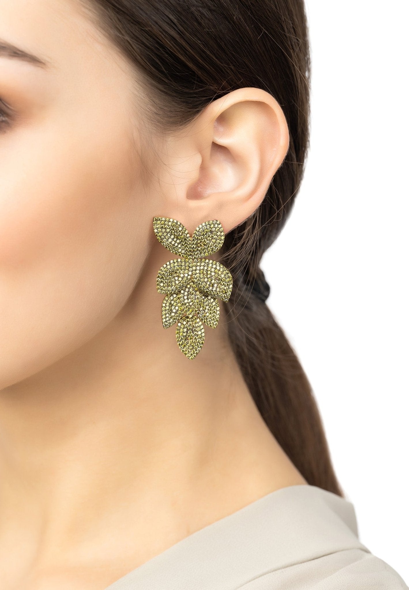 Petal Cascading Flower Earrings Gold Peridot Cz