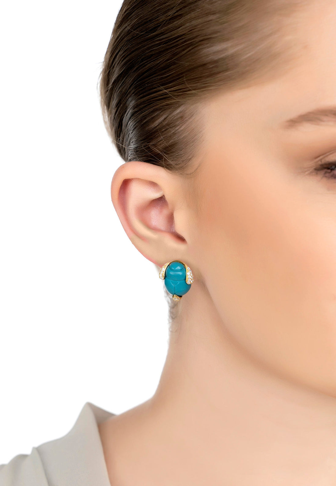 Scarab Beetle Turquoise Stud Earrings Gold