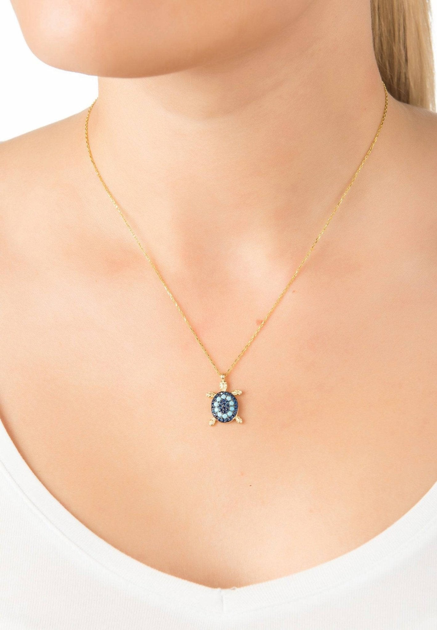 Turtle Turquoise Blue Pendant Necklace Gold