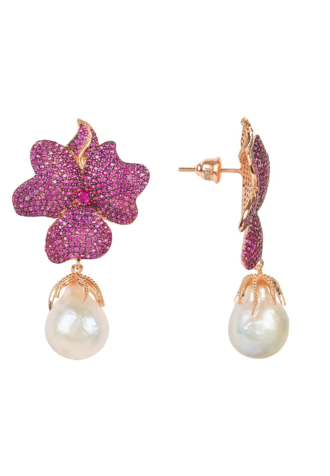 Baroque Pearl Ruby Red Flower Earrings Rose Gold