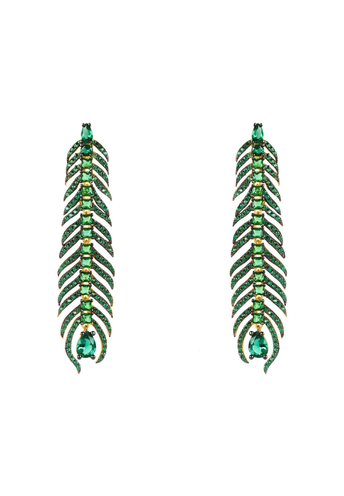 Peacock Feather Elongated Drop Earrings Green Cz