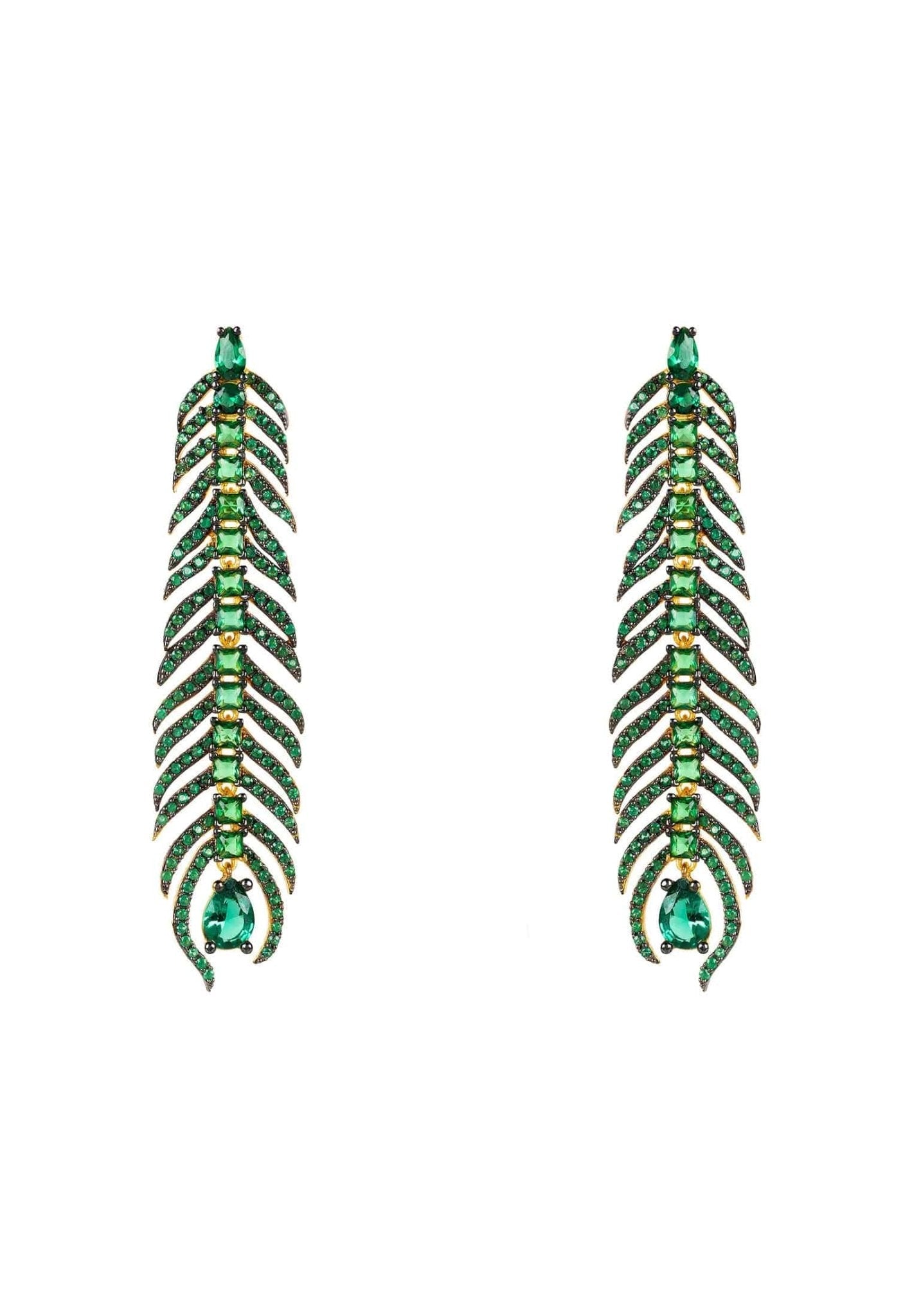 Peacock Feather Elongated Drop Earrings Green Cz