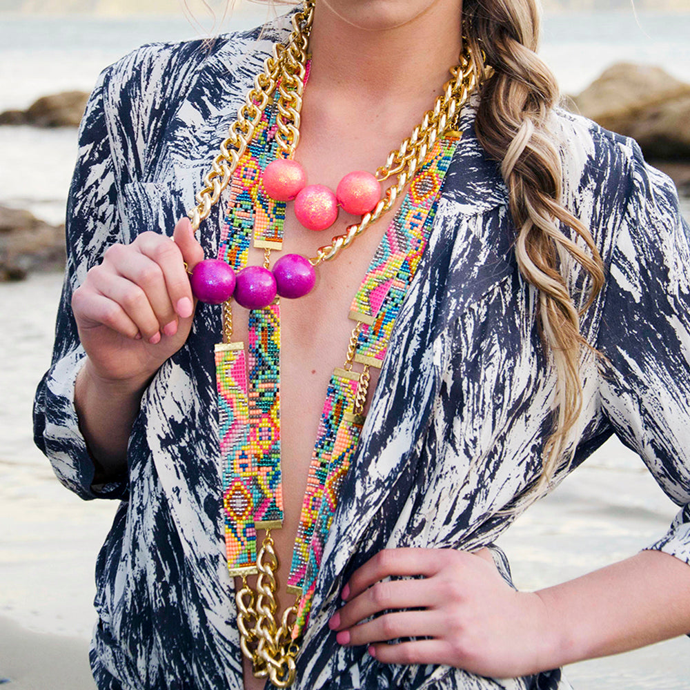 Sea Candy Long Woven Beaded Necklace - Pastel