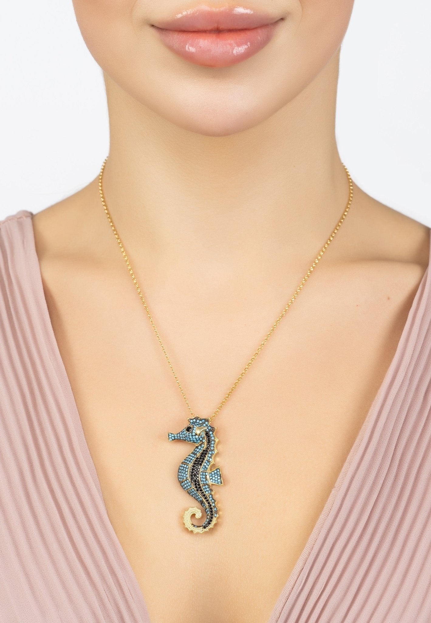 Seahorse Pendant Necklace Gold Turquoise