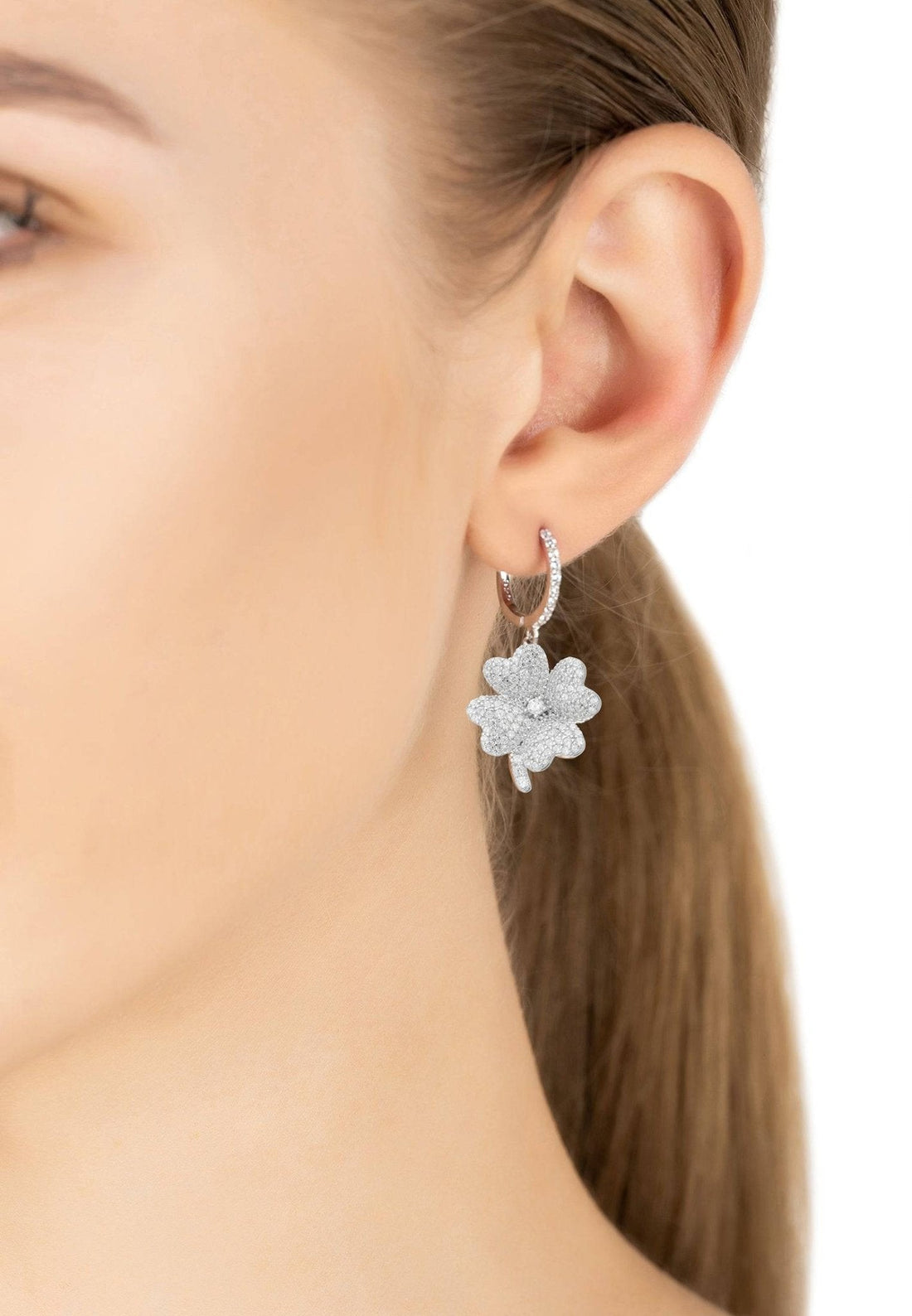 Lucky Clover Huggie Hoop Earrings Silver