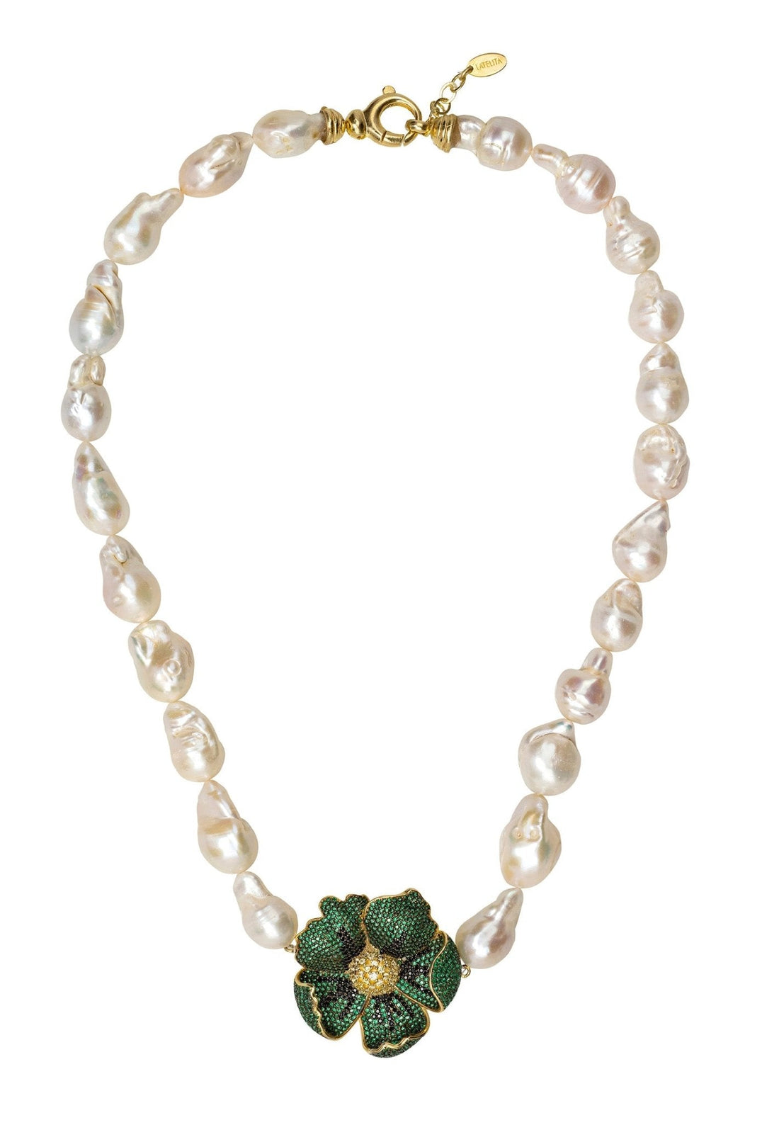 Poppy Flower Baroque Pearl Necklace Emerald Green Gold