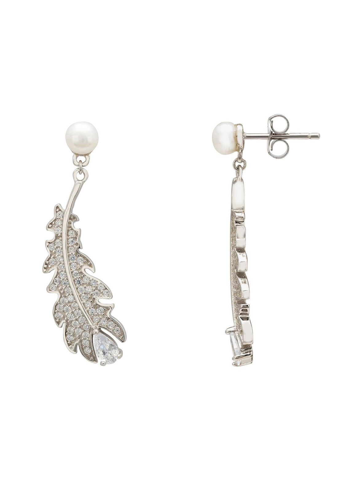 Oak Leaf Pearl Drop Earrings Silver