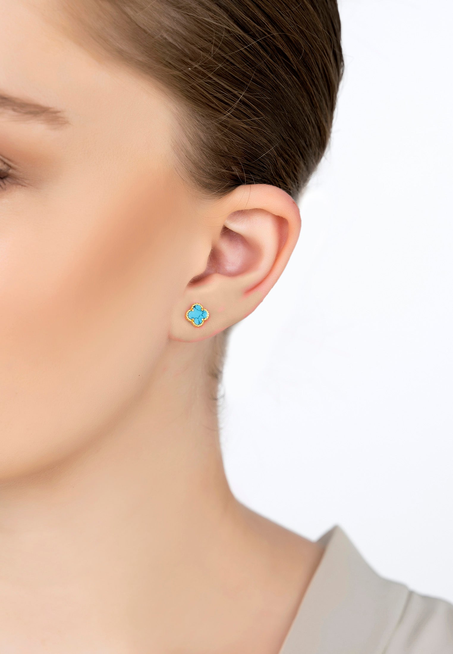 Mini Clover Flower Stud Earrings Turquoise Gold