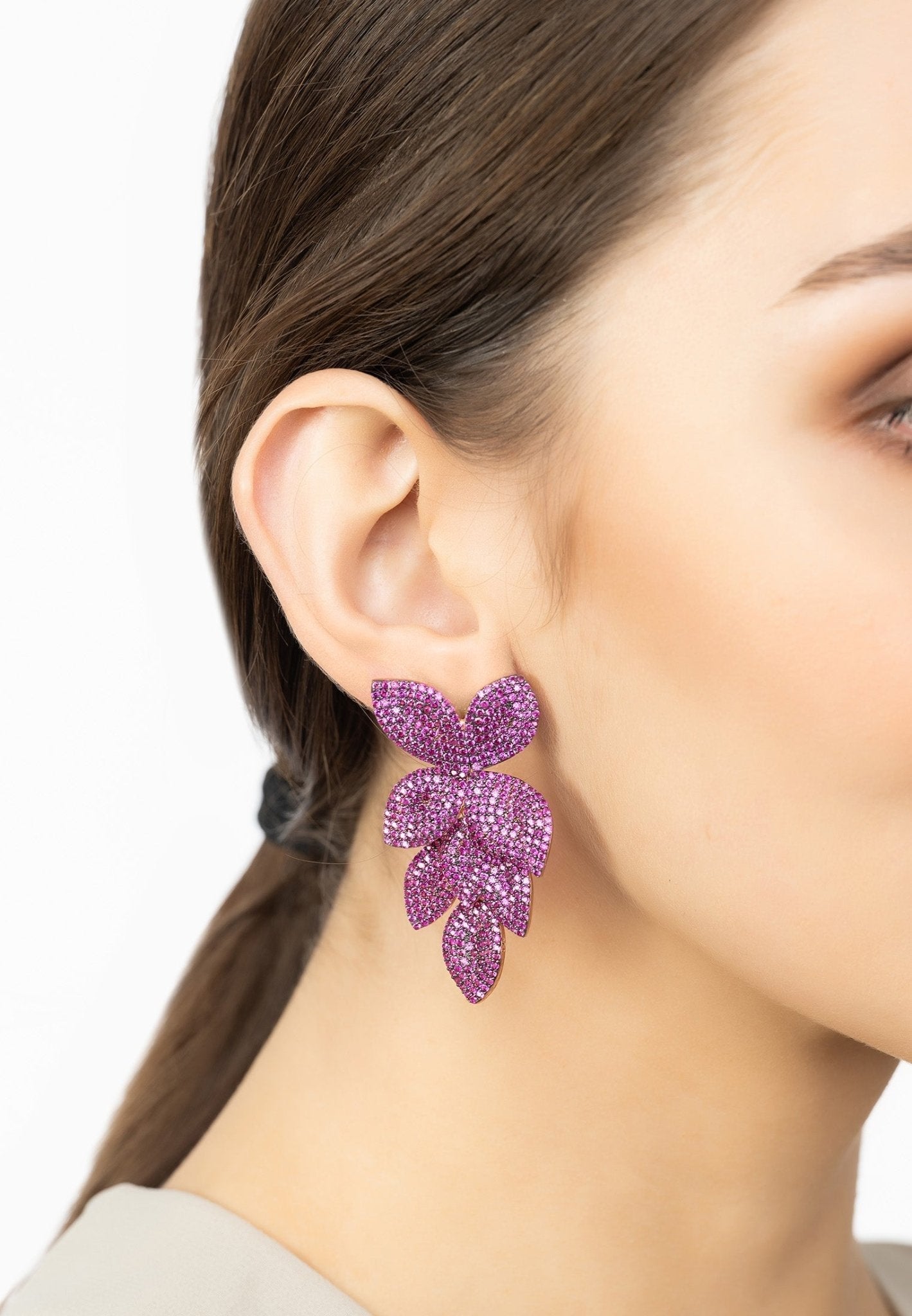 Petal Cascading Flower Earrings Rosegold Ruby Cz