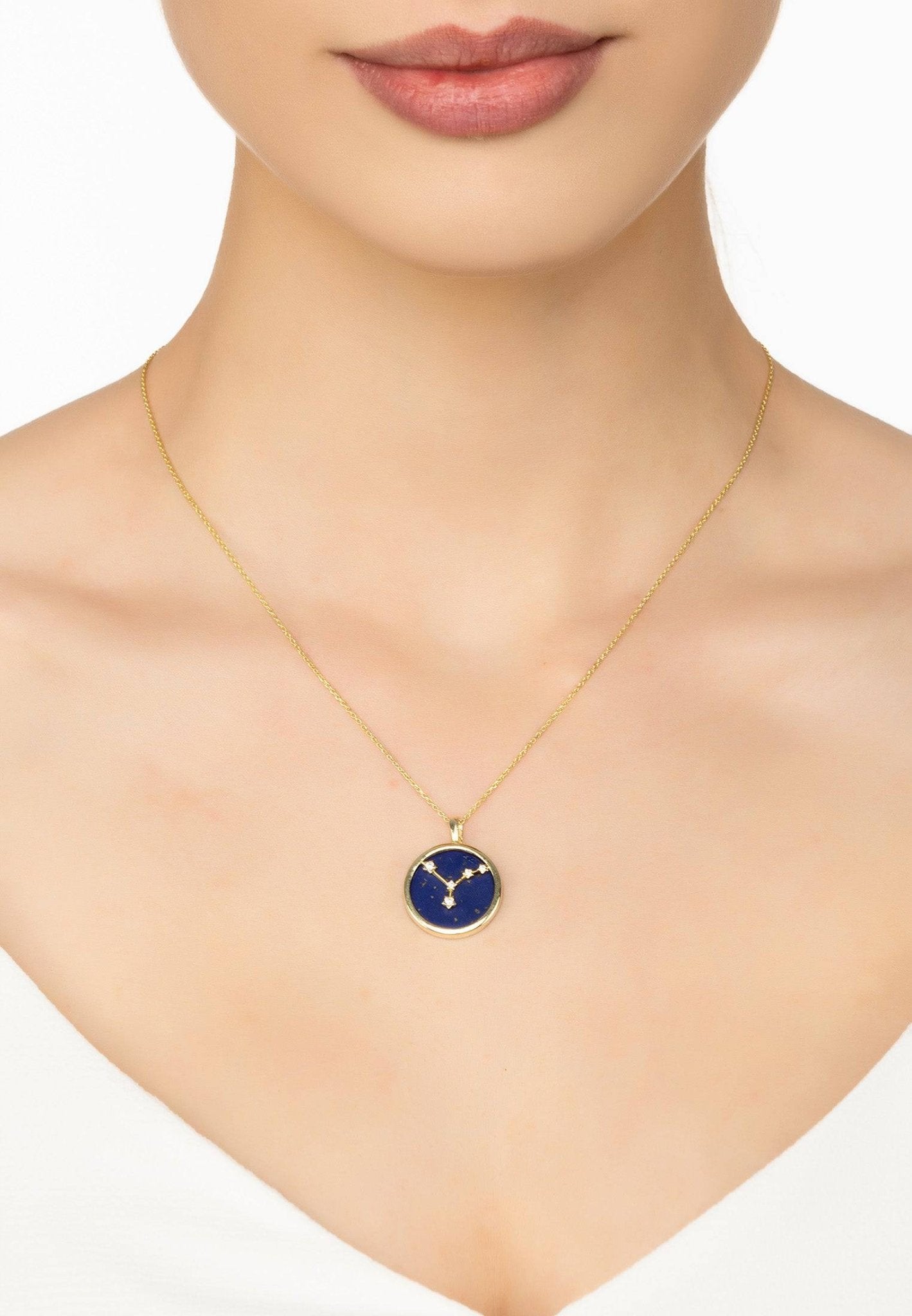 Zodiac Lapis Lazuli Gemstone Star Constellation Pendant Necklace Gold Cancer