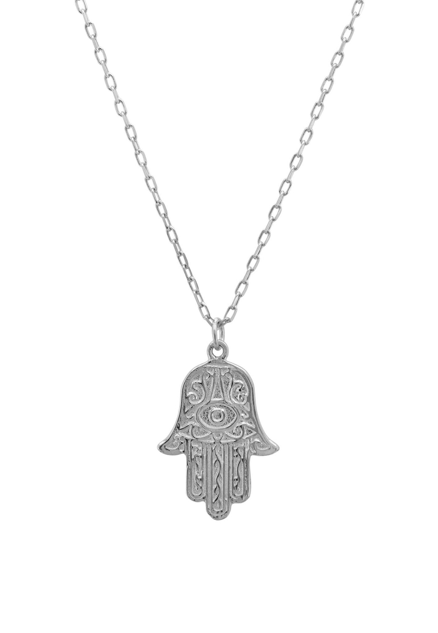 Hamsa Evil Eye Embossed Pendant Necklace Silver