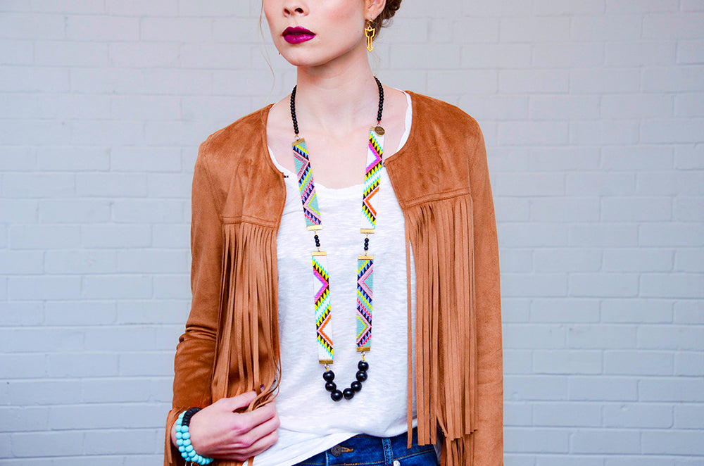 Acapulco Long Woven Beaded Necklace - Tribal Print