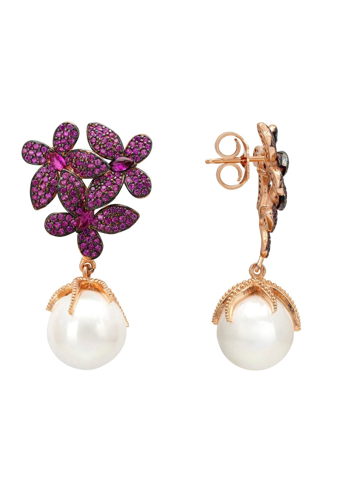 Flowers Baroque Pearl Earrings Ruby Pink Rosegold